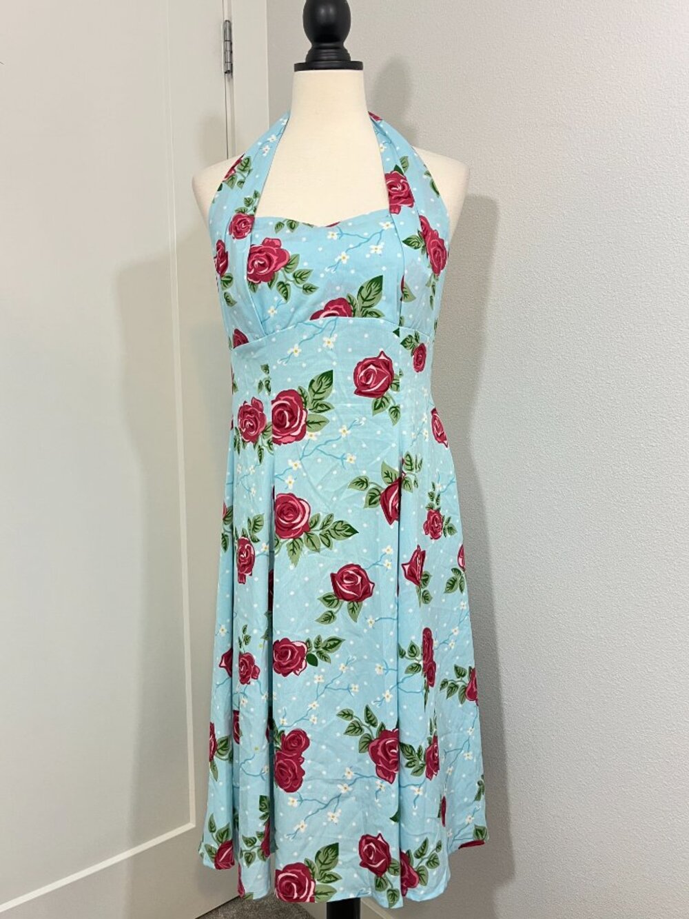 Hell Bunny Vixen 50s Rockabilly Blue Rose Halter Swing Dress